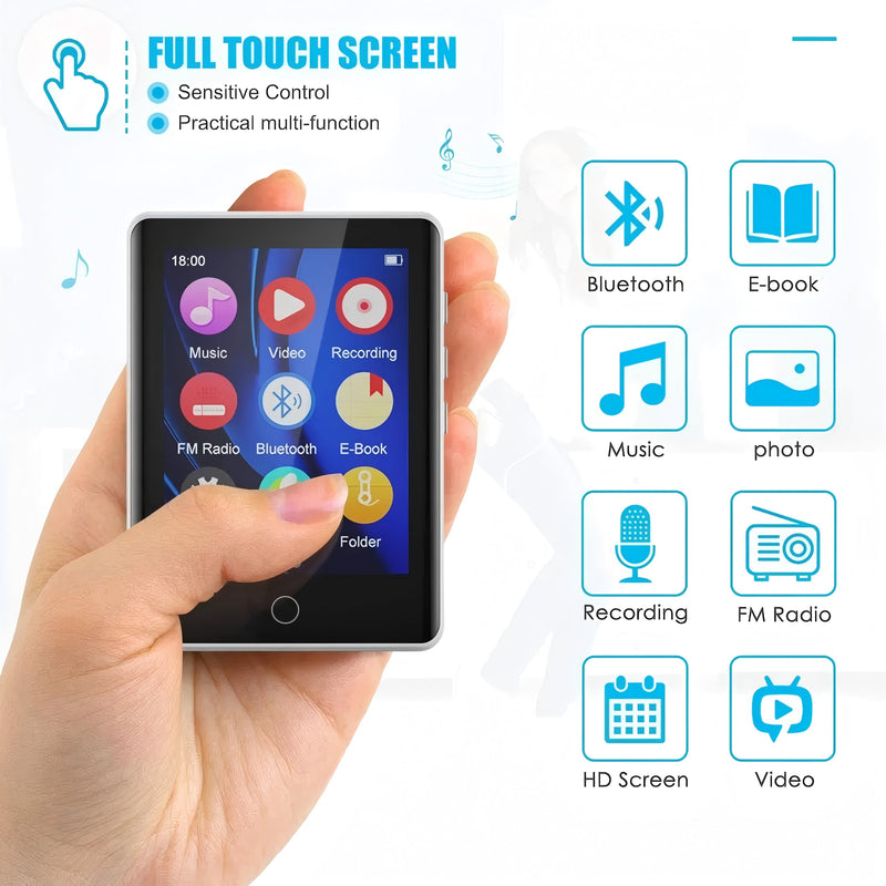 [AUSTRALIA] - MP3 Player 32GB with Bluetooth 5.0, Upgraded 2.8" Full Touchscreen Mp4 Mp3 Player with Speaker, Portable HiFi Lossless Sound Music Player for Walking Running, Supports up to 128GB TF Card (White) white 