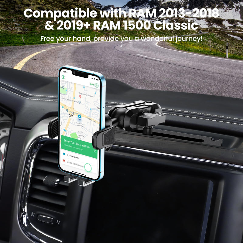 Metal Dashboard Phone Mount for RAM 2013-2018 1500 2500 3500 &2019+ Classic | All Aluminum Build | No Drilling | Easy Install | 360-Degree Swivel | Quick Release Clamp | Holds 4-7 Inch Phones | Stable Universal Mount