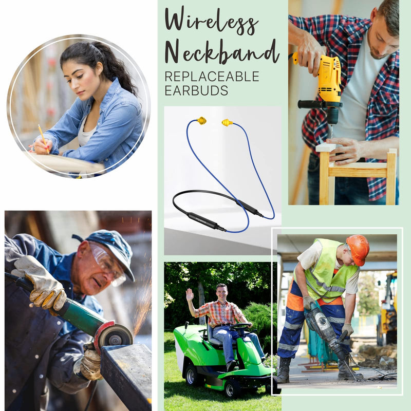 MIPEACE Bluetooth Earplug Headphones with 2 Replacement Earbud Cables - Neckband Ear Protection Work Earbuds, 29dB Noise Reduction Safety Headphones with 19+ Hour Battery for Lawn Mowing DIY.