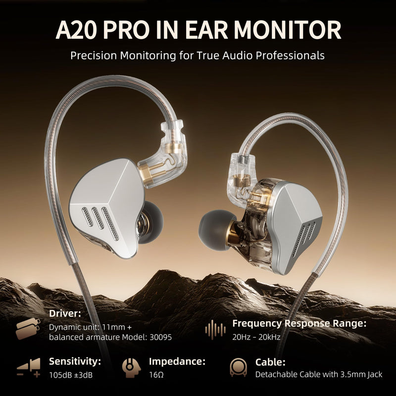 A20PRO IEM Earbuds, 1DD+1BA Hybrid in Ear Monitor Headphones, HiFi Wired Earphones with Deep Bass & Clear Vocals, Noise Isolating IEM for Musicians, Gaming & Studio (No Mic) sliver