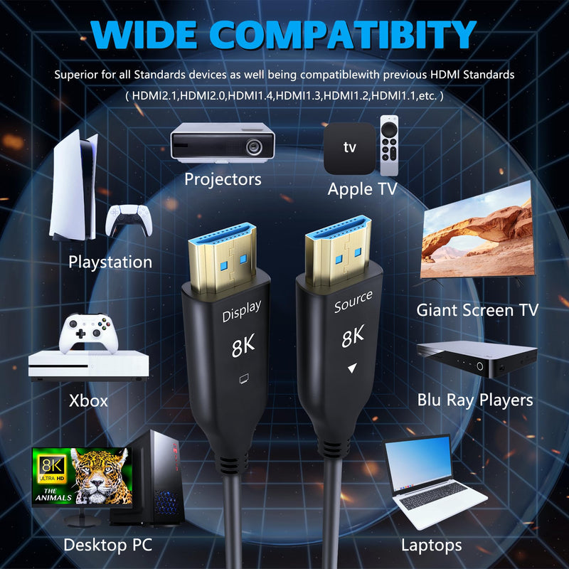 8K HDMI Fiber Optic Cable Long 2.1 164FT/50M, Unidirectional 48Gbps High Speed Optical HDMI Cord 8K@60Hz 4K@120Hz eARC HDR10 HDCP 2.2/2.3 for TV/Projector/PS5/Xbox/Soundbar