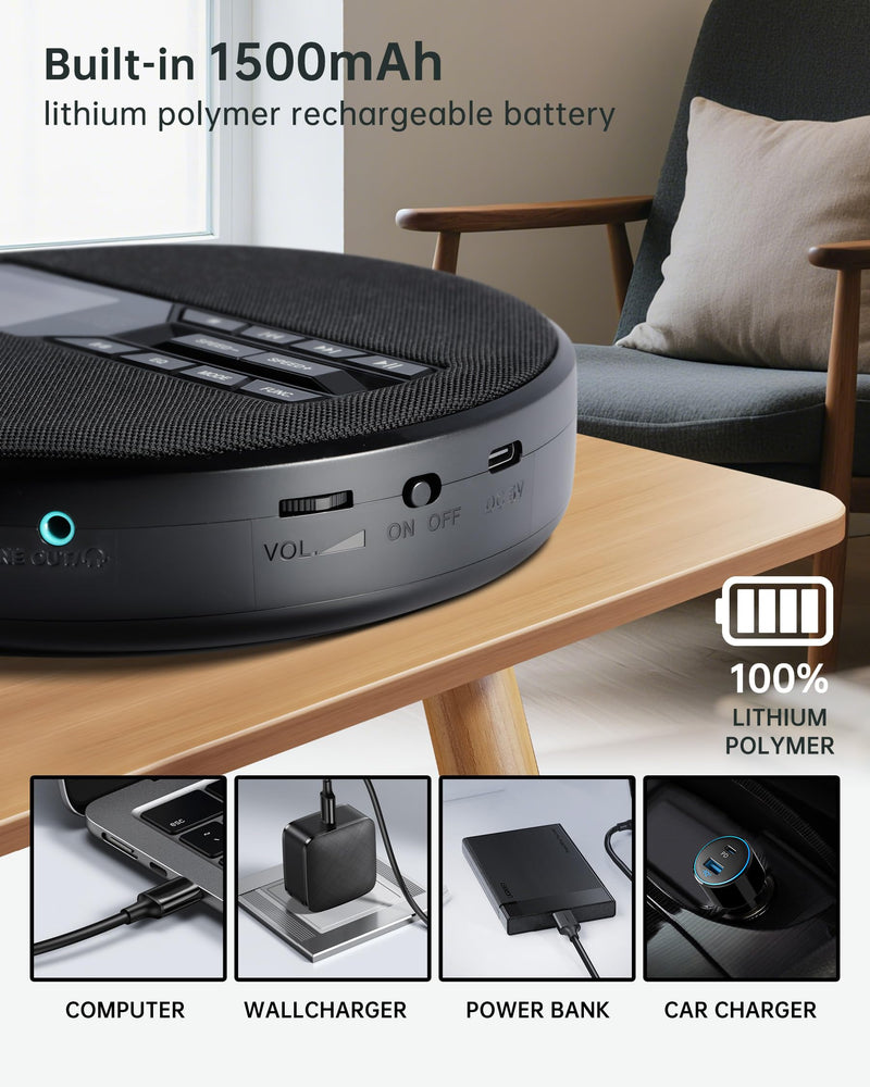 [AUSTRALIA] - CD Player Portable with Speakers - Rechargeable Personal CD Player for Car and Home, Small Fabric Music Player with Backlit Display, Anti-Skip, AUX/USB Port - Ideal for Audiobooks & Gifts Black 
