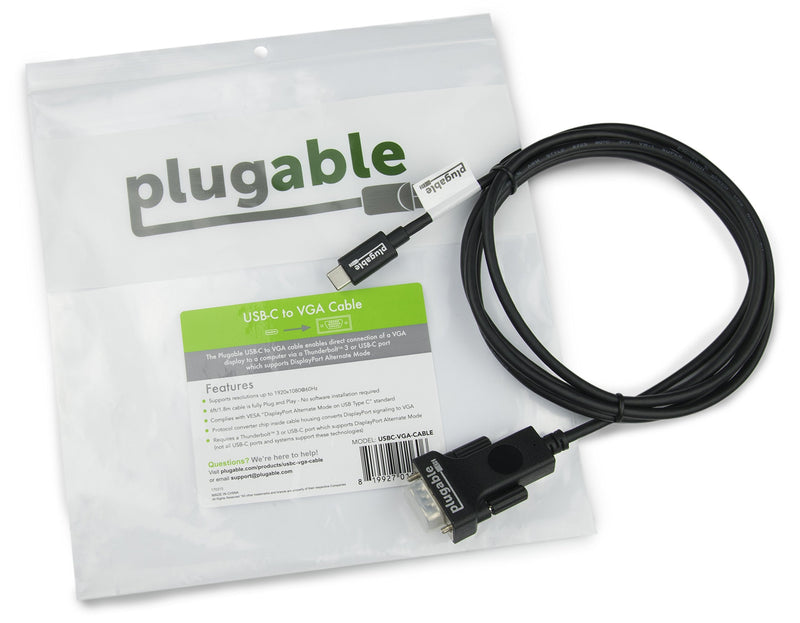 Plugable USB C to VGA Cable - Connect Your USB-C or Thunderbolt 3 Laptop to VGA Displays up to 1920x1080@60Hz (Compatible with 20189 MacBook Pros, Dell XPS 13 and 15, Surface Book 2), 6 Feet, 1.8m