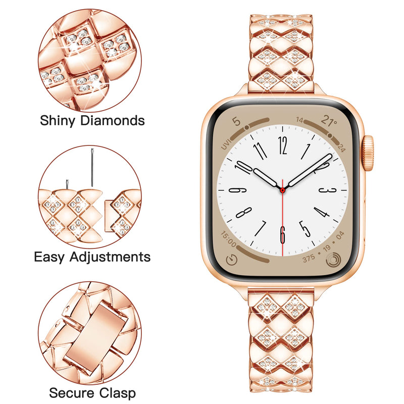 Exquisite Diamond Rhombus Band for Rose Gold Apple Watch Band 49mm 45mm 44mm 42mm, Fashion Shiny Band for Women, Elegant Alluring Metal Bracelet for iWatch Series 8/7/6/5/4/3/2/1/SE Ultra-Rose Gold