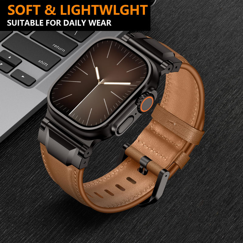 Leather Bands Compatible with Apple Watch Ultra 3/2/1 Band 49/46/45/44/42mm Men, Genuine Leather Metal Connector Strap for iWatch Ultra Series 11/10/9/8/7/SE/6/5/4, Black/Black+Light Brown/Black