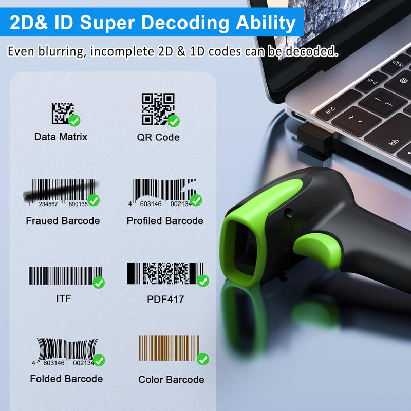 [AUSTRALIA] - Symcode Wireless Bluetooth Barcode Scanner,Bluetooth & USB Wired & 2.4G Wireless Connection Ergonomics Handheld Barcode Scanner Reader, 2D 1D QR Code Automatic Fast Precise scanning Scanner Green 