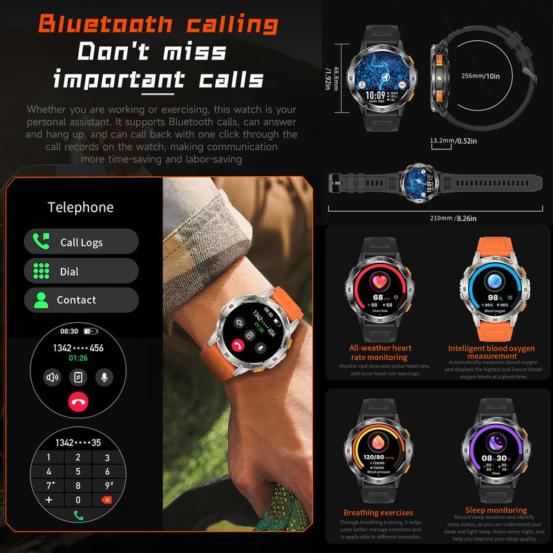 Military Smart Watch (Answer/Make Calls) for Men, 1.53" Smart Watch for Android and iPhone, IP68 Fitness Tracker with Flashlight/Compass/Heart Rate/Sleep/100+ Sport Modes(3 Straps) (Silver) Silver
