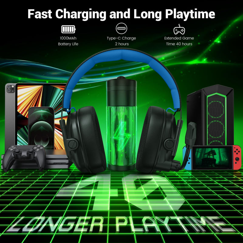 Wireless Gaming Headset with Noise Canceling Microphone for PC, PS5, PS4, Switch, Mac, 2.4 GHz Wireless & Bluetooth 5.4 Gaming Headphones, Cool RGB Lighting, 40Hr Battery, 50mm Drivers(Black Blue) Black Blue