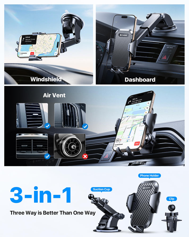 andobil Car Phone Holder, 2026 Military-Grade 89lbs Strongest Suction Phone Holders for Your Car Dashboard/Windshield/Vent Easy Clamp Car Phone Mount Stand for iPhone 17 16 15 14 13 Pro Max Samsung Black