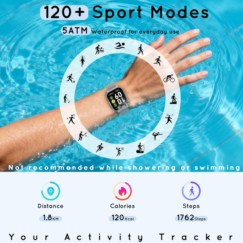 Smart Watch for Women Men 30 Day+ Battery Life 1.85" Fitness Tracker-Silver | Compatible iPhone & Android with Bluetooth Calling/Heart Rate/SpO2 Monitor, 120+ Sports Modes, 1000mAh 3 Bands Silver 44 MM