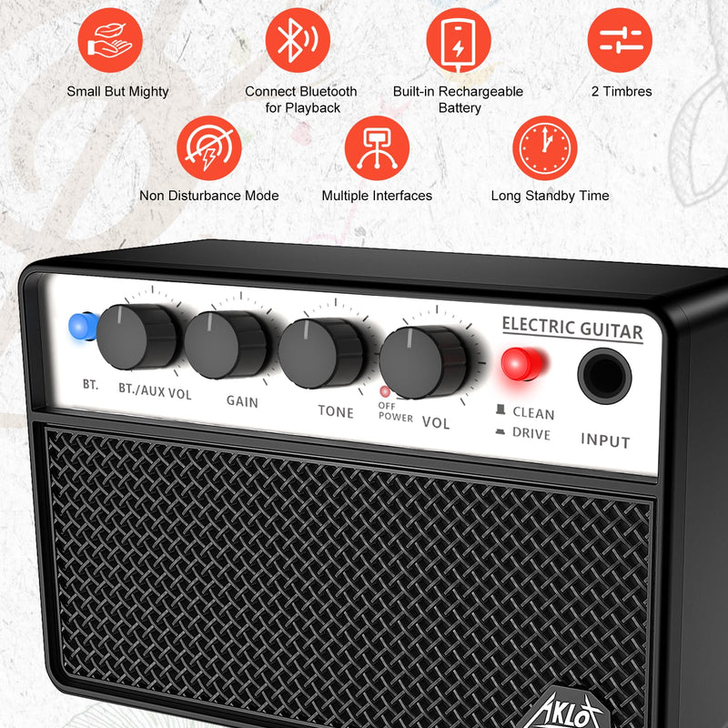 [AUSTRALIA] - AKLOT Mini Bass Amp Small Bass Guitar Amplifier 10W Portable Recharged Electric Bass Amp BT Speaker with Dual Channel & Aux in Jack Black 