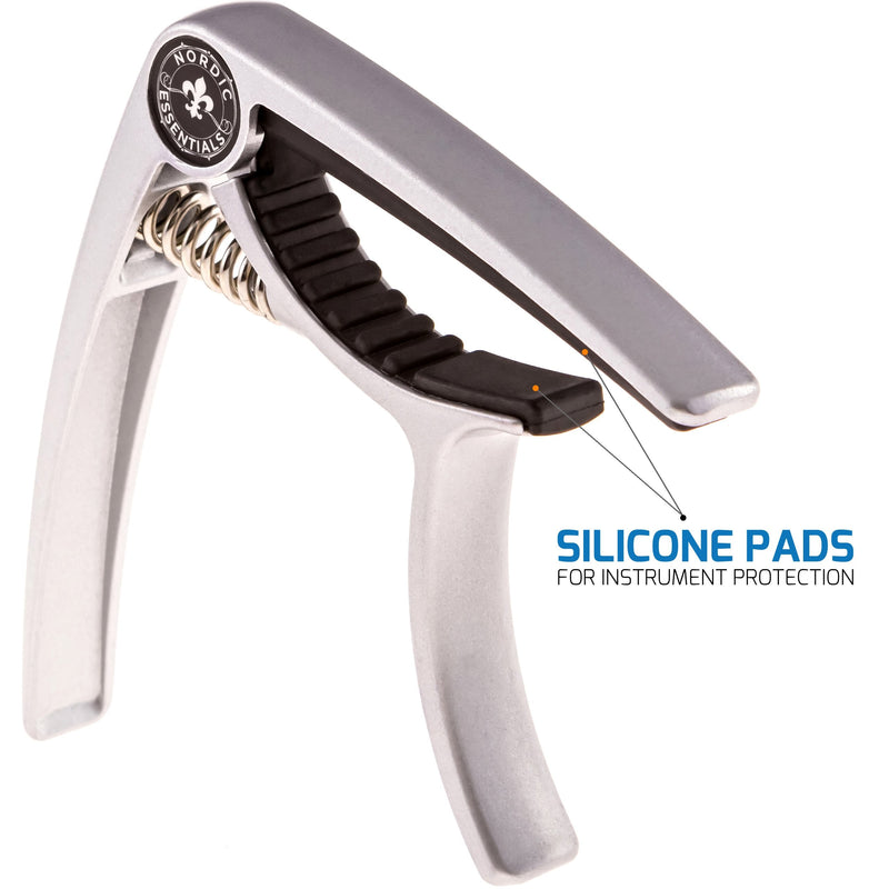 Guitar Capo Deluxe for Acoustic Guitars, Ukulele, Banjo, Mandolin, Bass - Made of Premium Quality Zinc Alloy for 6 & 12 String Instruments - Luxury Accessories by Nordic Essentials Classy Matte Silver