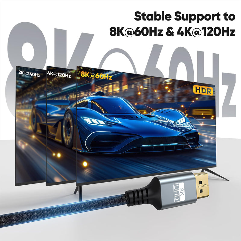 DisplayPort 1.4 Cable, 3FT, 10-Pack, 8K@60Hz, 32.4Gbps | 4K@120Hz, 2K@240Hz, HDR, DSC 1.2, FreeSync, G-Sync, FEC, Braided, For Monitor, Graphics Card, Gaming, Laptop, Docking Station Grey