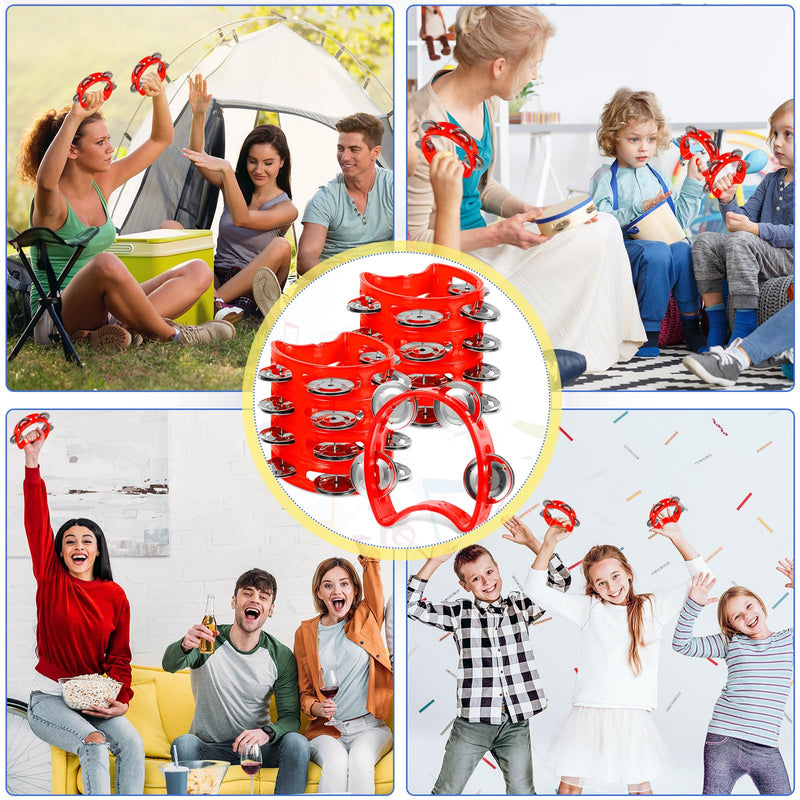 12 Pcs Plastic Percussion Tambourine with 4 Bells Rhythm Musical Instruments for Adults Hand Tambourine Hand Held Percussion Drum for Party Kindergarten Family School Supplies (Red) Red