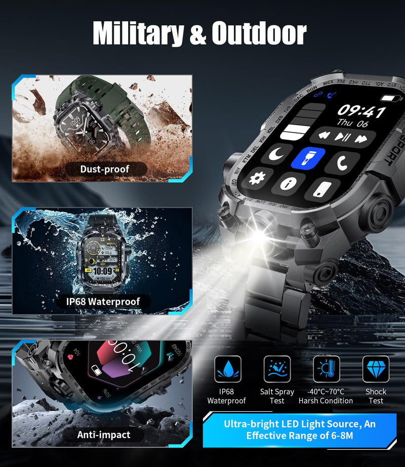 Men's Military Smart Watch (Answer/Make Calls) 2 Inch HD Screen Outdoor Sport Smartwatch with LED Flashlight 700mAh Battery,Heart Rate/Sleep Monitor Fitness,Green (Gray) Gray