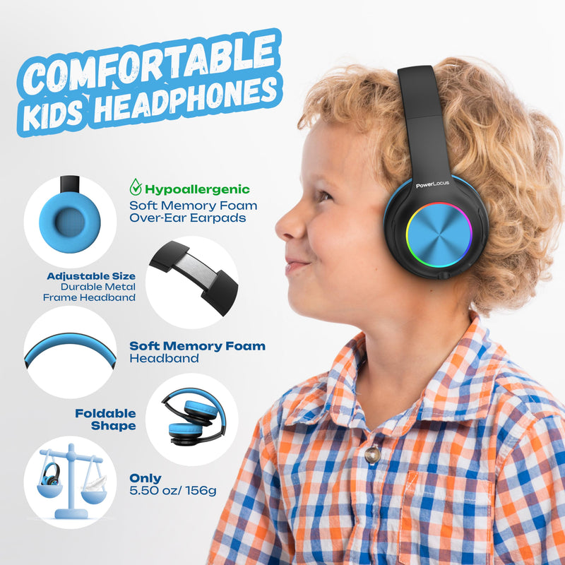 PowerLocus PLED Kids Headphones Wireless, Over Ear Headphones for Kids with 74/85/94dB Safe Volume Limits, Microphone, LED Lights