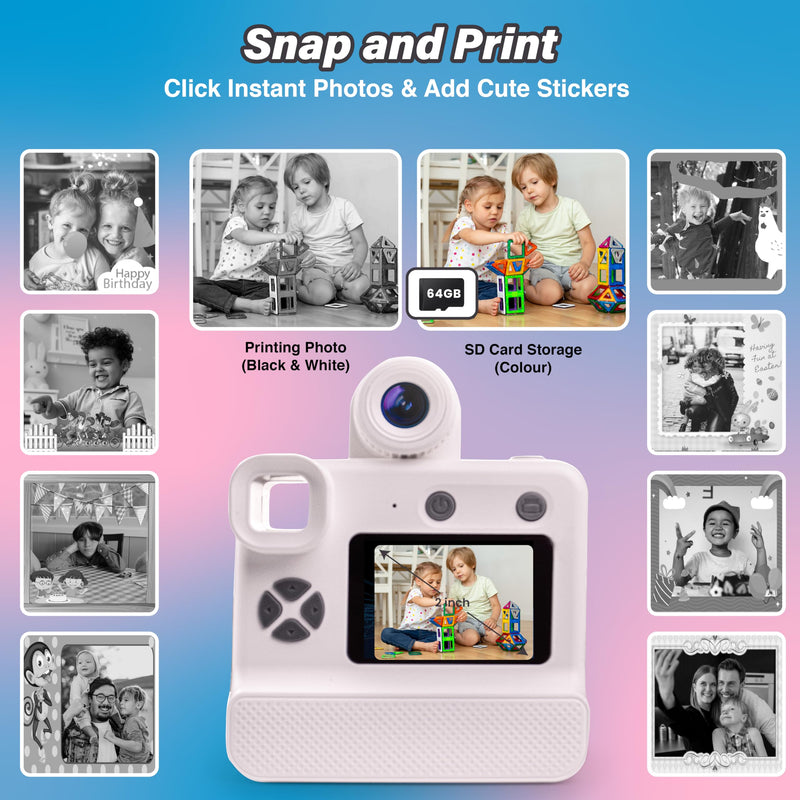 GabbaGoods Instant Print Kids Camera For 3 4 5 6 7 8 9 Year Old Kids With 32GB SD Card, Instant Thermal Print Feature Best For Gift On Christmas/Birthday/Holiday | Toddler Camera | Kids Digital Camera White