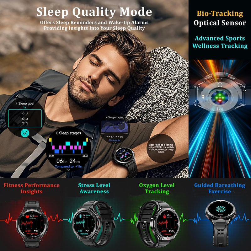 Military GPS Smart Watch: 1.43” AMOLED Always On Display, Built-In GPS, Compass, Altimeter, Barometer, Fitness/Path Tracker, BT Call, 150+ Sports, IP69K, Voice Assist, Long Battery Life, Android/iOS