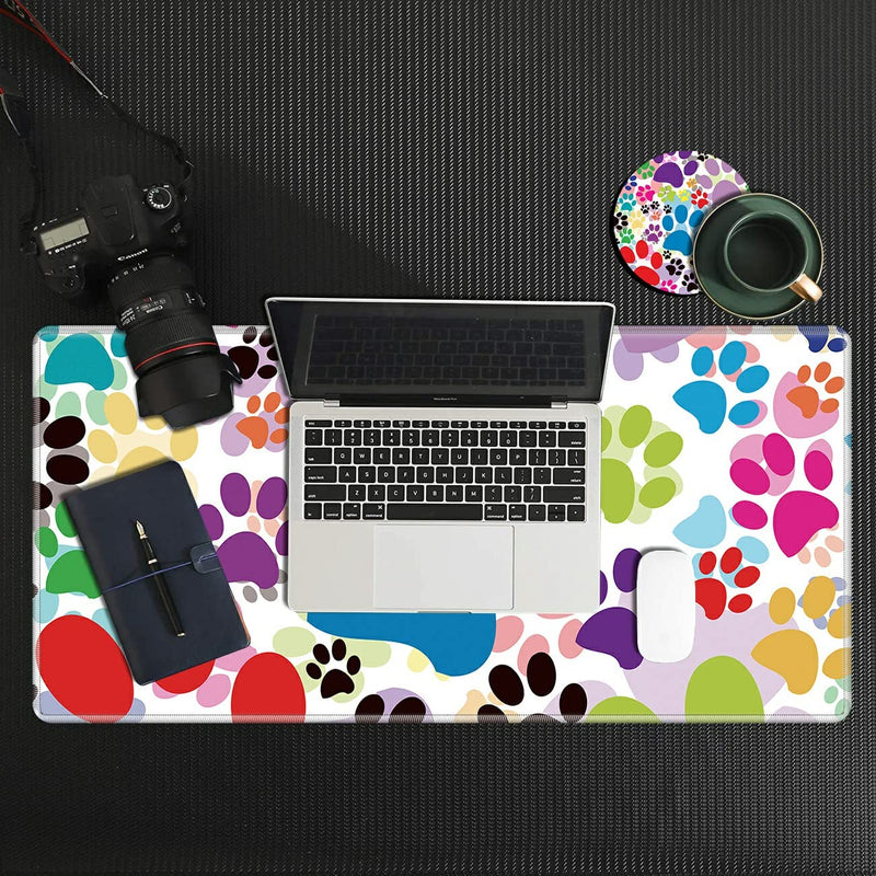 Desk Pad, Dog Pawprint Multicolor Laptop Desk Mat,Long Large Gaming Mouse Pad with Stitched Edges Non-Slip Writing Mat Desk Blotter Protector for Office Home (with Coaster & Elephant Sticker)