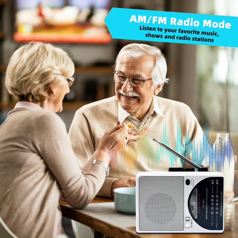 [AUSTRALIA] - Cassette Tape Player, Cassette Recorder with Automatic Rewind, AM/FM Battery Powered Radio with 3.5MM Headphone Jack, Big Speaker, Microphone Jack, Powered by DC or AA Battery (White) 