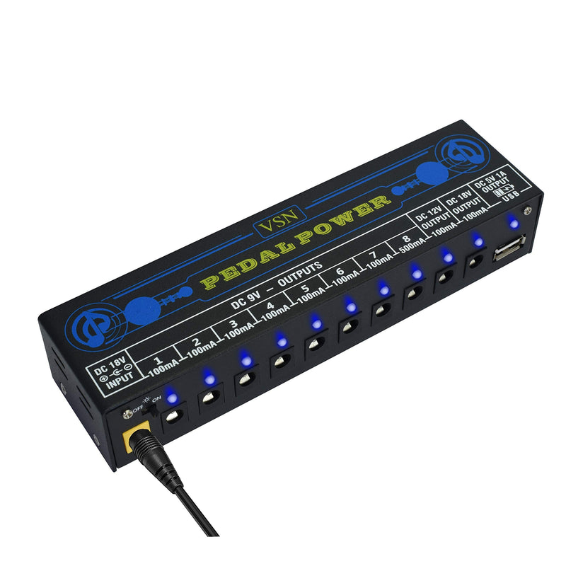 VSN Guitar Pedal Power Supply 10 Isolated DC Output for 9V/12V/18V Guitar Bass Effect Pedals with USB Ports Blue Power Supply