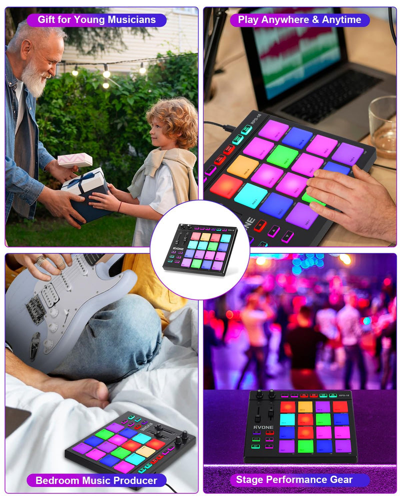USB MIDI Pad Controller with 16 Velocity Senstive Drum Pads| 7 RGB Lights & DAW Control| 2 Assignable Knobs & Faders| Drum Machine with Note Repeat & Full Level| Plug & Play| Beat Maker Beginner