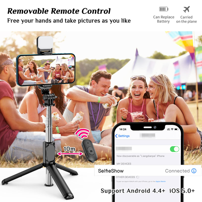 Selfie Stick Tripod with Fill Light, All in One Extendable Selfie Stick with Detachable Wireless Remote, Flexible Phone Tripod Stand Compatible with iPhone/Galaxy, Compact Size & Lightweight Black & With Light