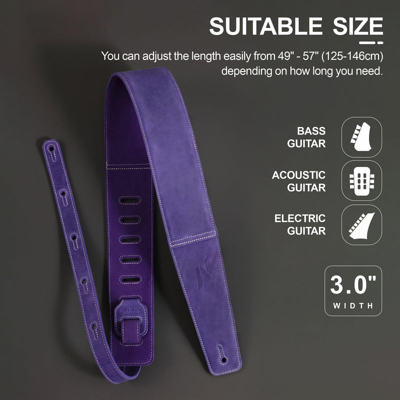 Nefelibata 3" Guitar Strap in First Layer Leather with Foam Padding and Cable Storage Loops for Bass, Electric and Acoustic Guitars (Lavender Purple) Lavender Purple