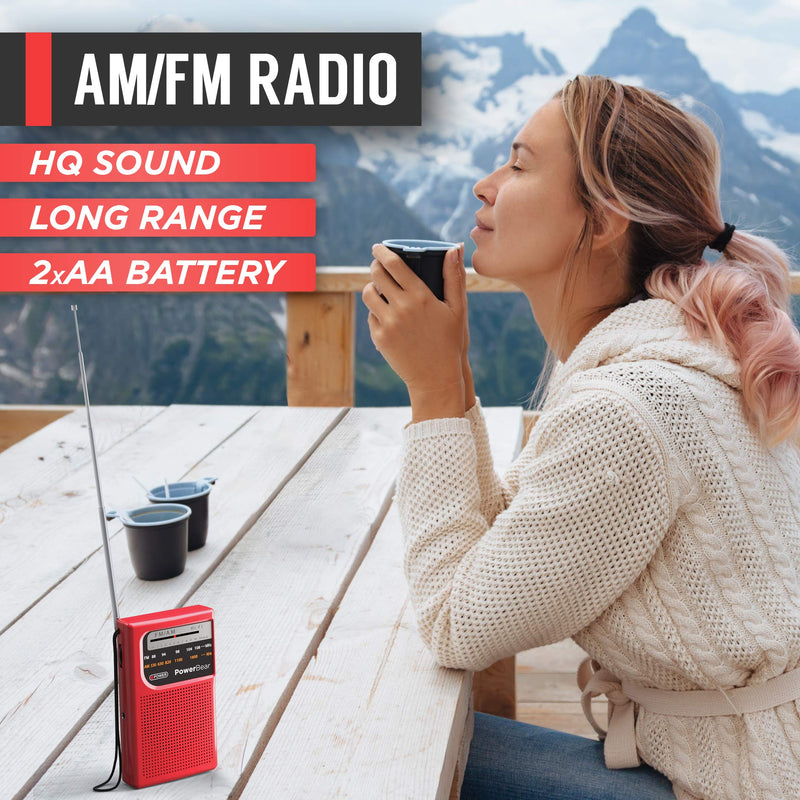 PowerBear Portable Radio | AM/FM, 2AA Battery Operated with Long Range Reception for Indoor, Outdoor & Emergency Use | Radio with Speaker & Headphone Jack (Red) Red
