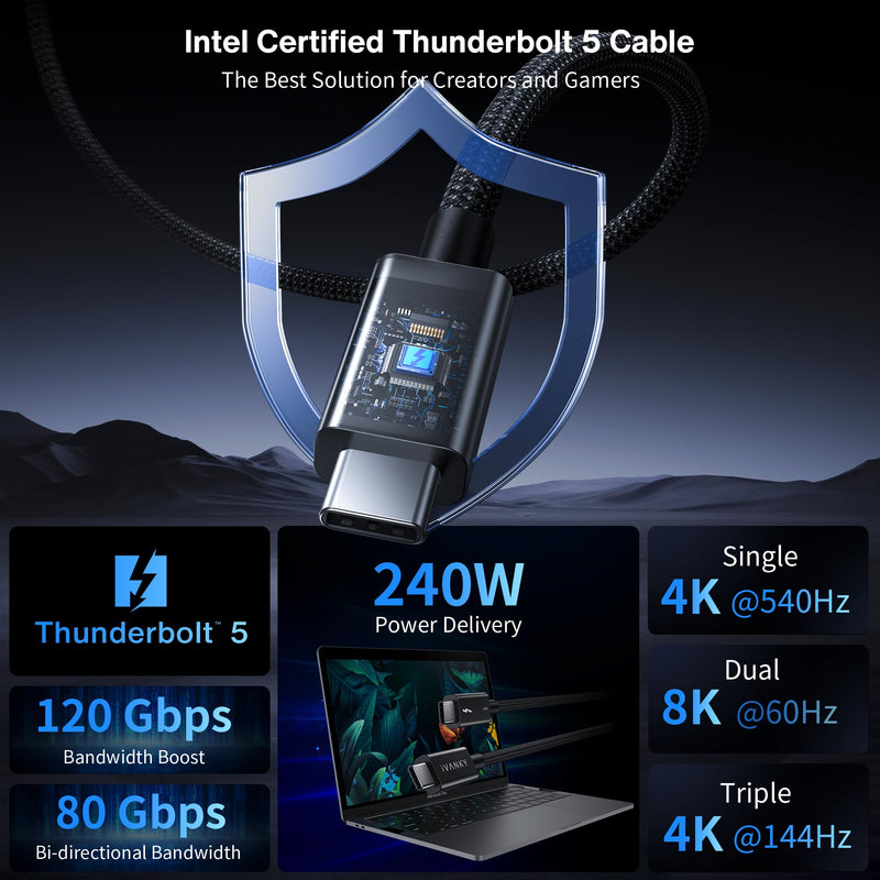 IVANKY Intel Certified Thunderbolt 5 Cable 2Pack 3.3ft, 120Gbps Thunderbolt | Support 16K/Dual 8K, 240W, Premium USB to USB Cable, Compatible for Thunderbolt 4/3, SSD, Monitor,MacBook M5, iPhone 17/16/15 3.3 FT TB5-2 Pack Black
