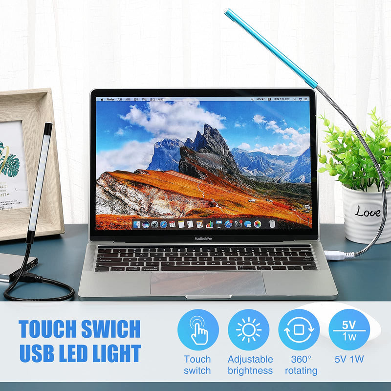 2 Pieces USB LED Light USB Light for Laptop Keyboard Light Gooseneck Light Computer Light Flexible Stick Dimmable LED Lamp Touch Switch for Reading Book (Black, Blue) Black, Blue