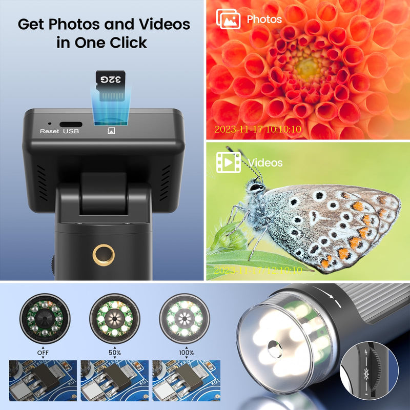 [AUSTRALIA] - LM112 Microscope for Kids Adults Handheld with 2" Screen, 500X Portable Microscope Kit with Case, USB Magnifier with 8 LED Light, 5pcs Biological Slides, 32G 