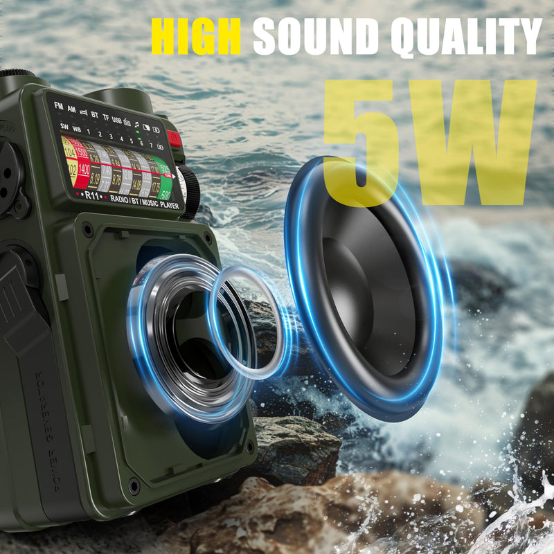 Emergency Crank Radio- Emgykit 4000mAh/14800mWh AM/FM/WB/SW/NOAA Weather Radio with Bluetooth,Flashlight,SOS Alarm, Powered by USB Charged,Hand Crank & Solar Power for Camping, Emergency Green