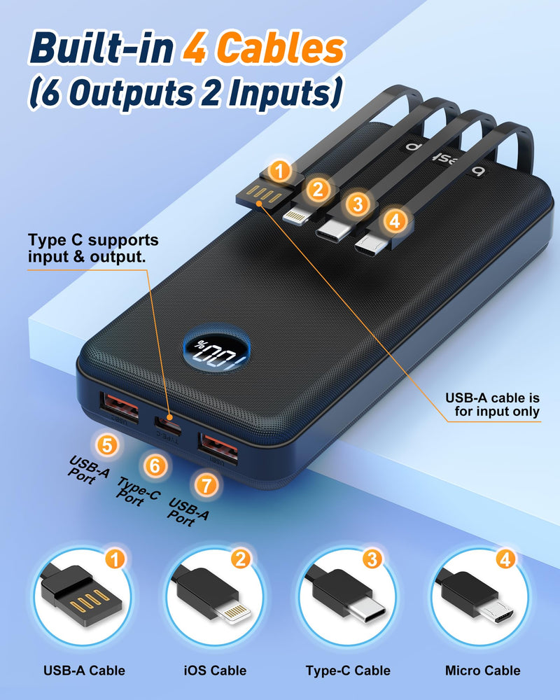 Portable Charger Power Bank - 37000mAh Portable Phone Battery with 4 Built-in Cables, 22.5W Fast Charging Battery Pack Bank Compatible with iPhone 16 15 14 13 Android Samsung Google Pixel etc(1 Pack) Black