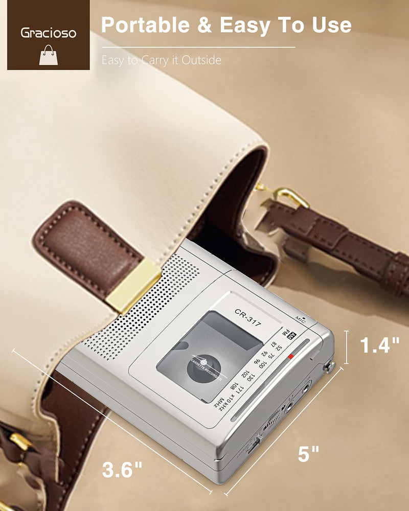 Gracioso Portable Cassette Player Recorder with Bluetooth Transmitter, AM FM Walkman Cassette Player with Headphone Jack & Big Speaker,Microphone Jack, 2*AA Battery Opearated Cassette Tape Player Silver