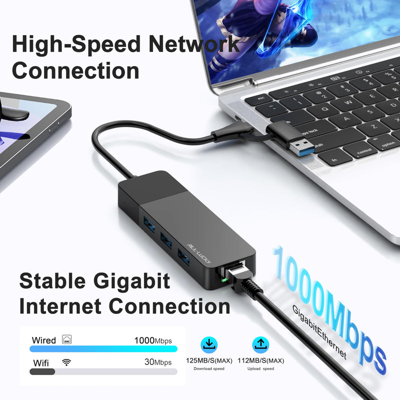 USB A/C to Ethernet Adapter, 3xUSB3.0 and 1000M RJ45 Network hub for Laptop | Plug & play 4-in-1 USB C Hub, Gigabit LAN for Mac/Chrome/XPS & USB-C phones/iPad, 3 USB-A ports for mouse/keyboard/USB fan. 1FT -4 in 1 USB A/C to Ethernet Adapte
