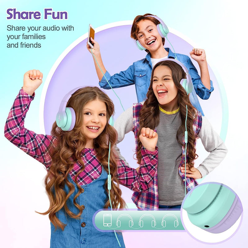 Kids Headphones, Wired Headphones for Kids Over Ear with Microphone, 85/94dB Volume Limiter Headphones for Girls Boys with Sharing Jack, Foldable Headphones for Online Study,Gradient Purple Light Purple