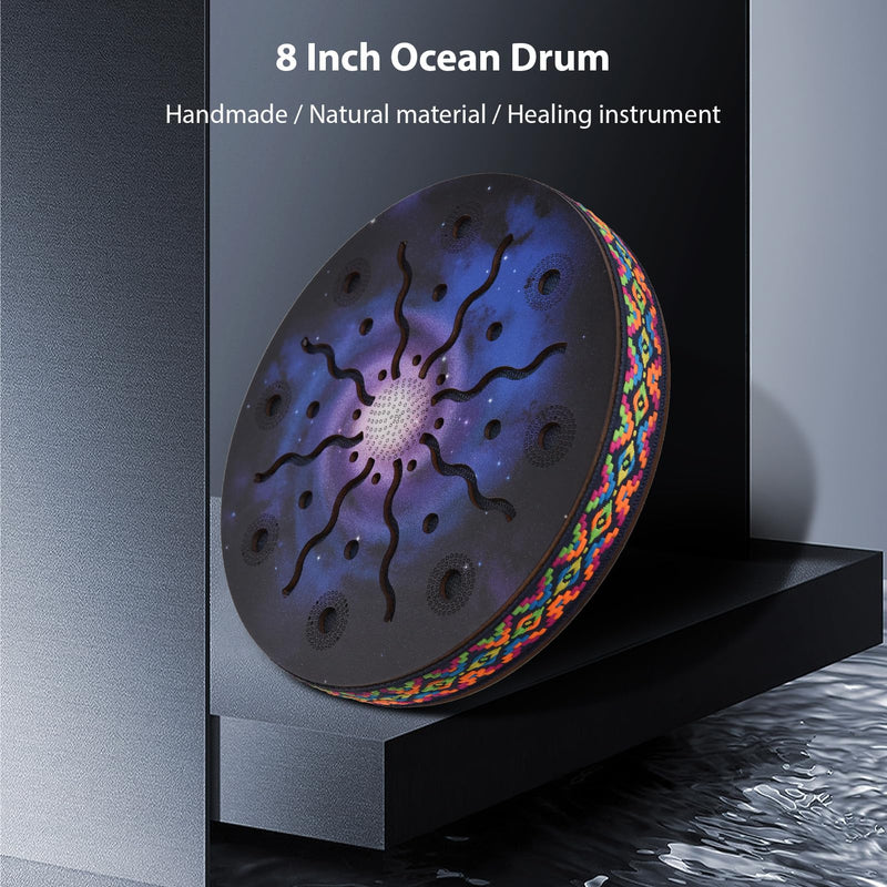 8 Inch Ocean Drum Ethnic Percussion Instrument Painted Drum Pattern Birch Wooden Drum Woven Edge for Home Party Supplies Onomatopoeic Music 8 INCH