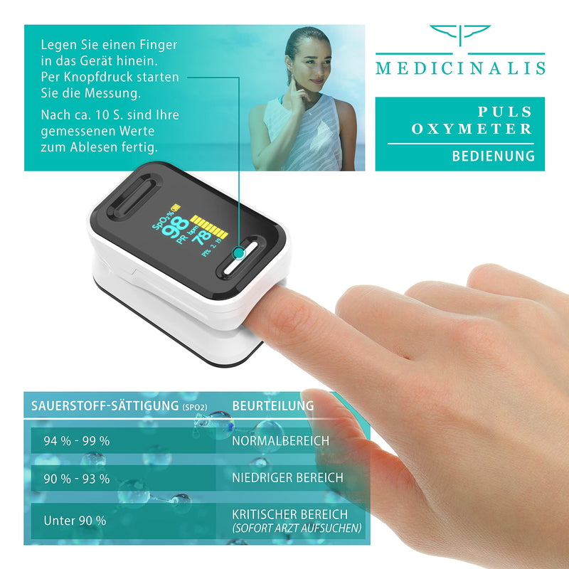 Medicinalis - Finger Pulse Oximeter - SpO2 Heart Rate Monitor - Finger Pulse Oximeter - Measurement of Pulse and Oxygen Saturation on the Finger - OLED Display - Battery Indicator - Alarm - One Touch Single