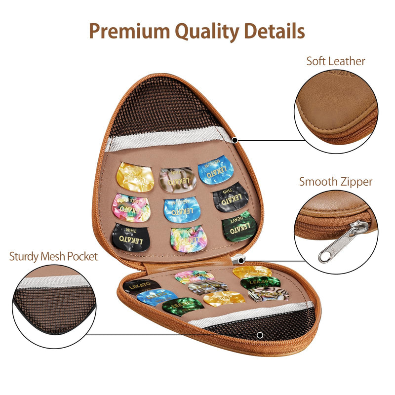 LEKATO Guitar Picks Holder Case with 18 Pcs Picks, PU Leather Organizer Bag with Lanyard, Thin Medium Heavy Plectrums Holder Accessories for Acoustic Electric Guitar Bass, Gift for Guitar Players Brown