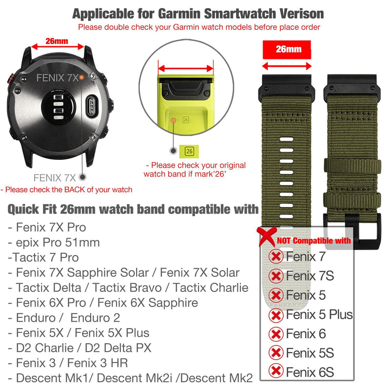 Abanen Rugged Nylon Watch Bands for Garmin Fenix 7X / Fenix 6X / Fenix 5X/Enduro 2, Quick Fit 26mm Adjustable Woven Nylon Sports Wrist Strap with Stainless Steel Clasp for Tactix 7 Pro, epix Pro 51mm Military Green