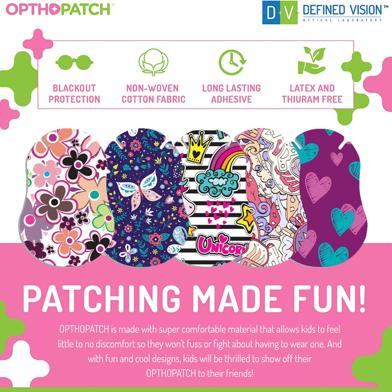 Opthopatch Kids Eye Patches - Fun Girls Design [Series II] - 90 + 10 Bonus Latex Free Hypoallergenic Cotton Adhesive Bandages for Amblyopia and Cross Eye - 3 Reward Chart Posters by Defined Vision