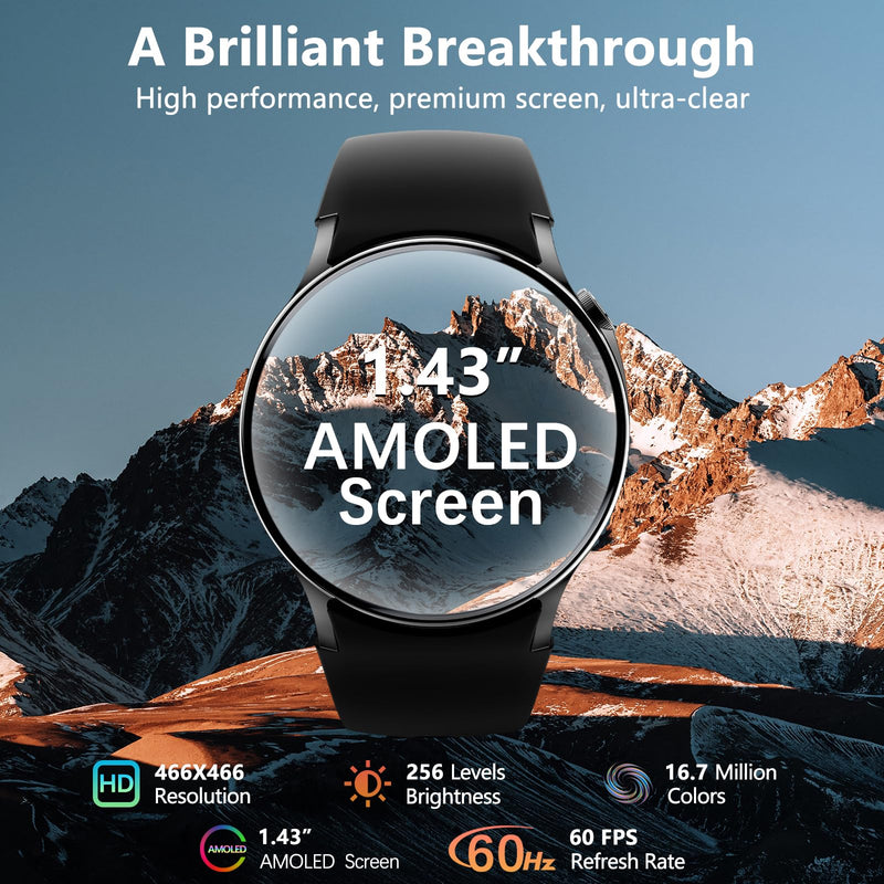 Sense 6 Advanced Health and Fitness Smartwatch with Tools to Manage Stress and Sleep, SpO2, 24/7 Heart Rate and 100+ Sports Mode,1.43" AMOLED SCREEN, IP68 Waterproof Smart Watch for Women Men, Black