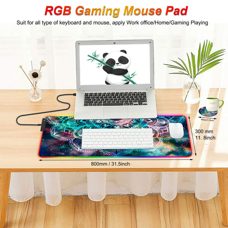 RGB Gaming Mouse Pad and Coasters Set,Mandala in Galaxy Extended Soft Led Mouse Pad with 10 Lighting Modes, Anti-Slip Rubber Base,Computer Keyboard Mouse Mat 800 x 300mm / 31.5×11.8 inches Mandala in Galaxy