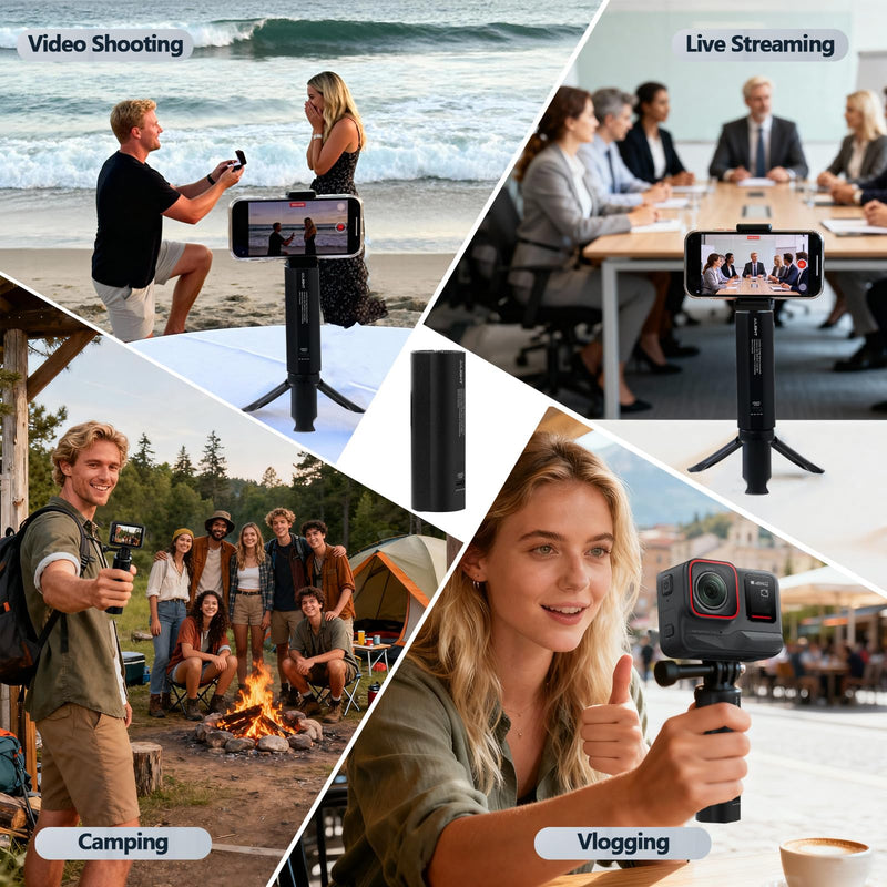 Ailight Battery Handle Grip, 5000mAh Extended Power with 20W PD Charging, 1/4" Screw Battery Mount for GoPro Hero 13/12/11/10-5 | Insta360 X5/X4 | DJI Action 6/5 Pro/4 | Canon/Sony DSLR Camera - Black