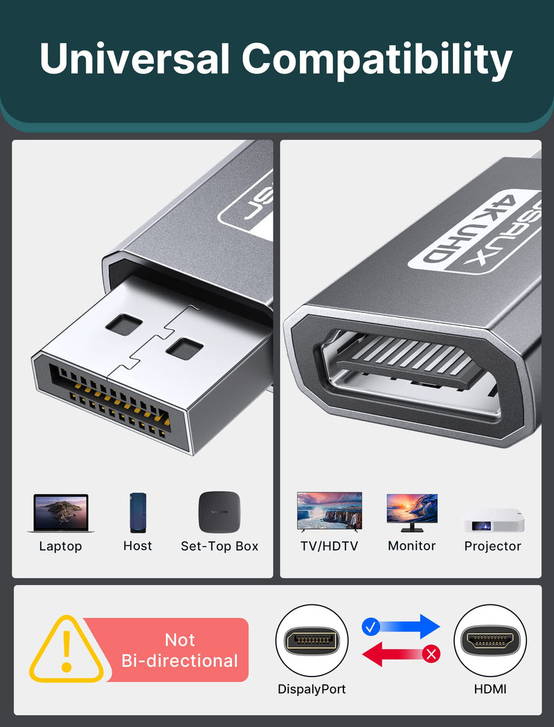 JSAUX 4K DisplayPort to HDMI Adapter, DP PC to HDMI Monitor Converter Video UHD 2K@120Hz,4K@30 DP to HDTV Male to Female Uni-Directional Adapter Compatible for Dell, Lenovo, HP,GPU, AMD -Grey 1Pack Grey