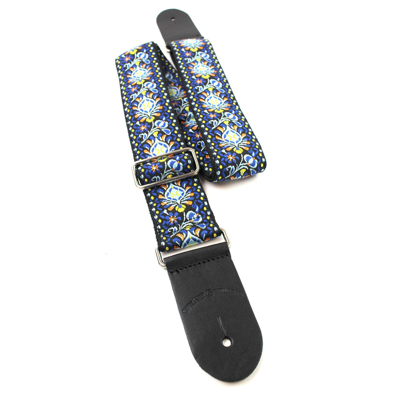 Walker & Williams H-29-CHR Vintage Series Blue Cheer Woven Hippie Guitar Strap With Brushed Nickel Hardware And Thick Leather Ends For Acoustic, Electric, And Bass Guitars