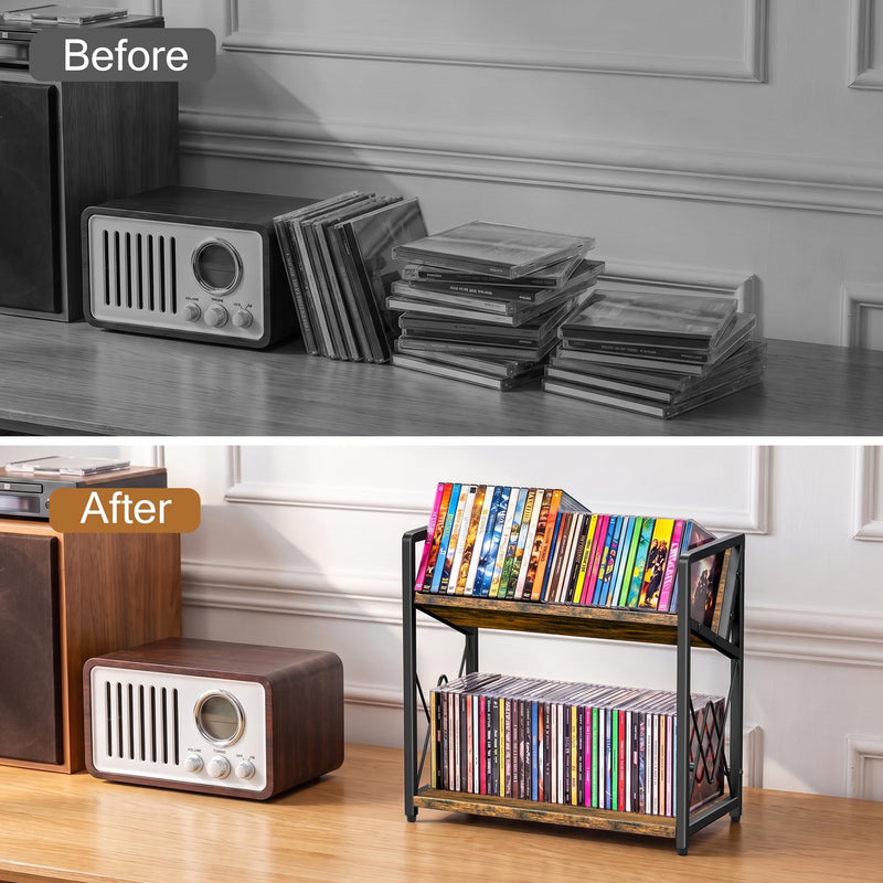 CD Storage Rack, 2-Tier CD Holder Rack, DVD Shelf Holds Store up to 80 CDs | cd display Retro Desk DVD Organizer Tower for Music Enthusiasts, Brown