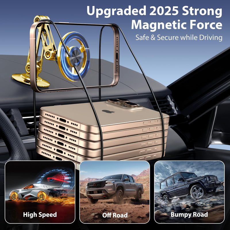 Ultra Magnetic Long-Arm Phone Holder Stand, Fits for MagSafe Car Mount Bracket【Windshield+Vent+Dash】, 360° Rotation Adjustable Strong Magnets Car Mount Desk Office Phone Cradle Holder, Gold