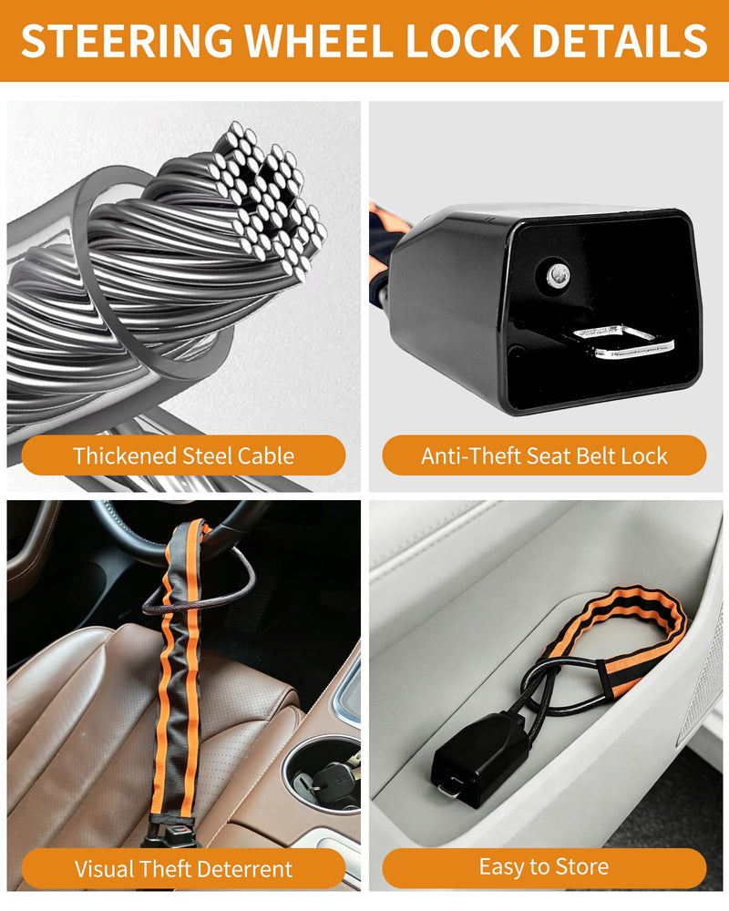 Steering Wheel Lock with Faraday Bag, Adjustable 17" Car Anti Theft Device with Reflective Warning Strips, Visible Vehicle Security Deterrent for Cars SUVs Trucks Vans, Includes 3 Keys Orange
